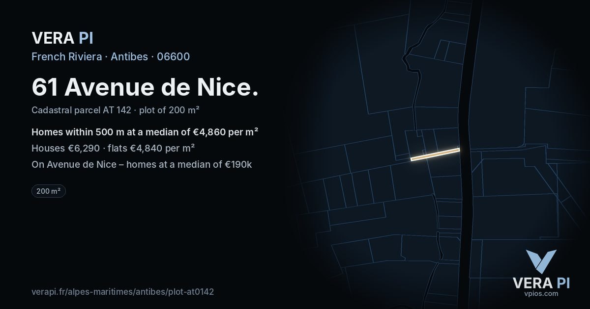 61 Avenue de Nice, Antibes at night – the plot lit, the parcels around coloured by the prices near them