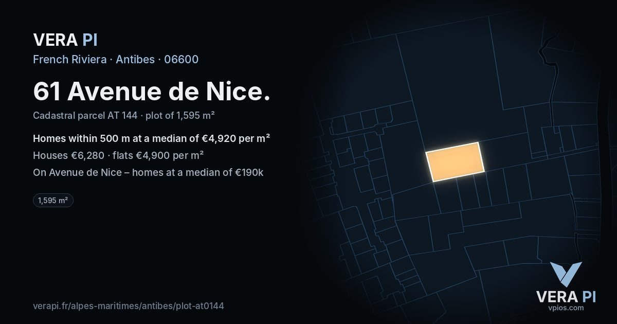 61 Avenue de Nice, Antibes at night – the plot lit, the parcels around coloured by the prices near them