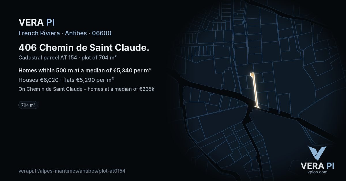 406 Chemin de Saint Claude, Antibes at night – the plot lit, the parcels around coloured by the prices near them
