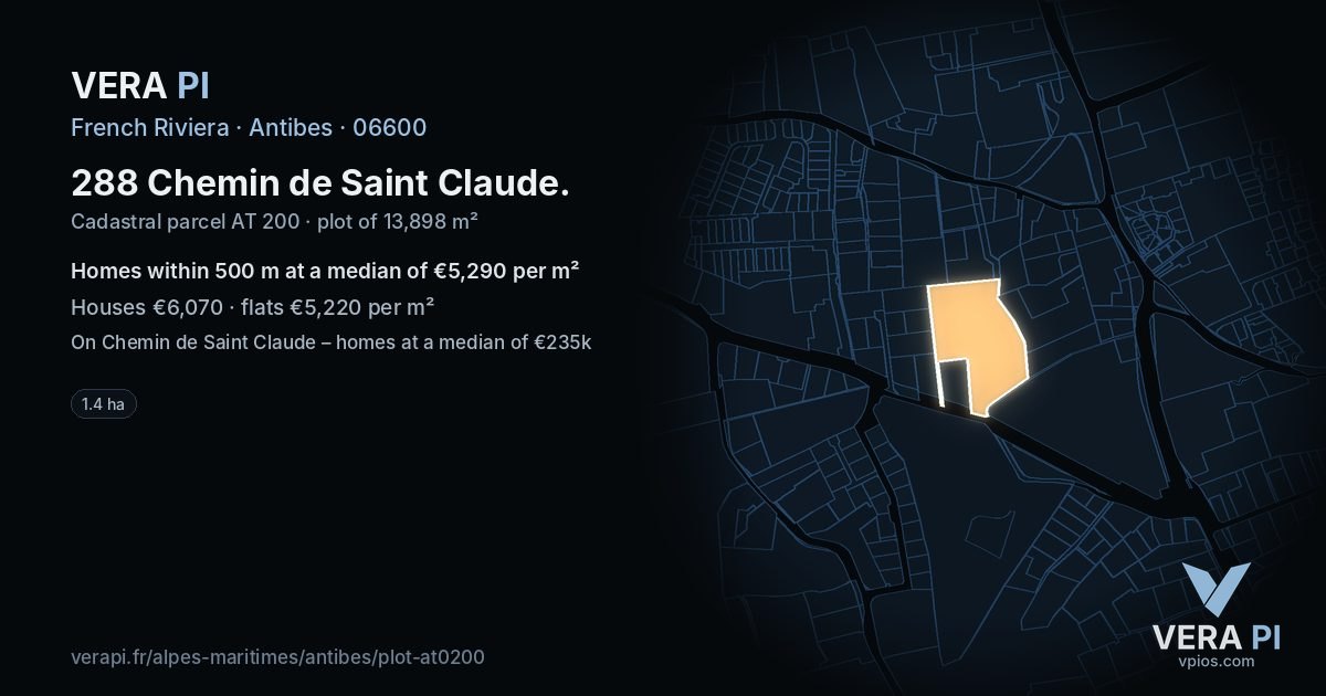 288 Chemin de Saint Claude, Antibes at night – the plot lit, the parcels around coloured by the prices near them