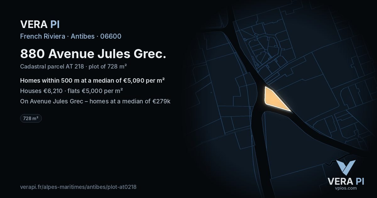 880 Avenue Jules Grec, Antibes at night – the plot lit, the parcels around coloured by the prices near them