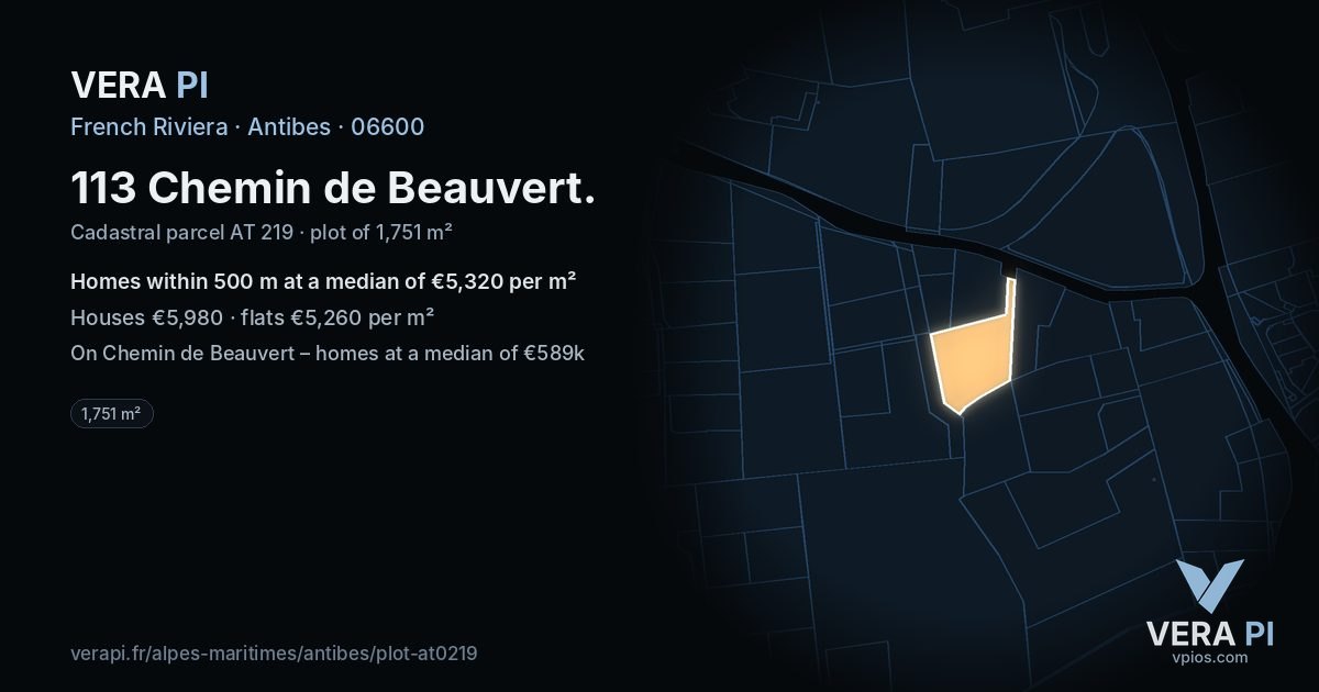 113 Chemin de Beauvert, Antibes at night – the plot lit, the parcels around coloured by the prices near them