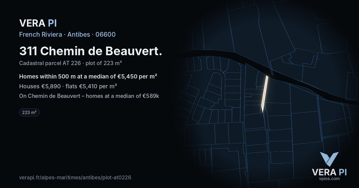 311 Chemin de Beauvert, Antibes at night – the plot lit, the parcels around coloured by the prices near them