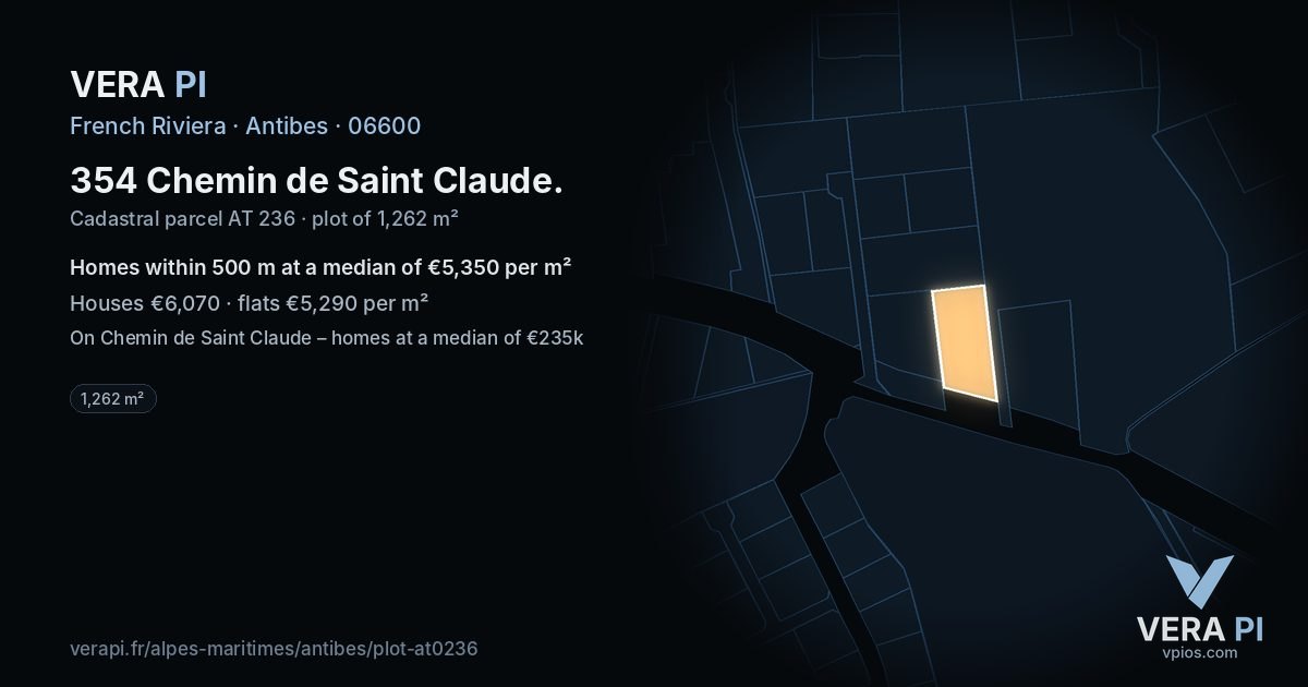 354 Chemin de Saint Claude, Antibes at night – the plot lit, the parcels around coloured by the prices near them