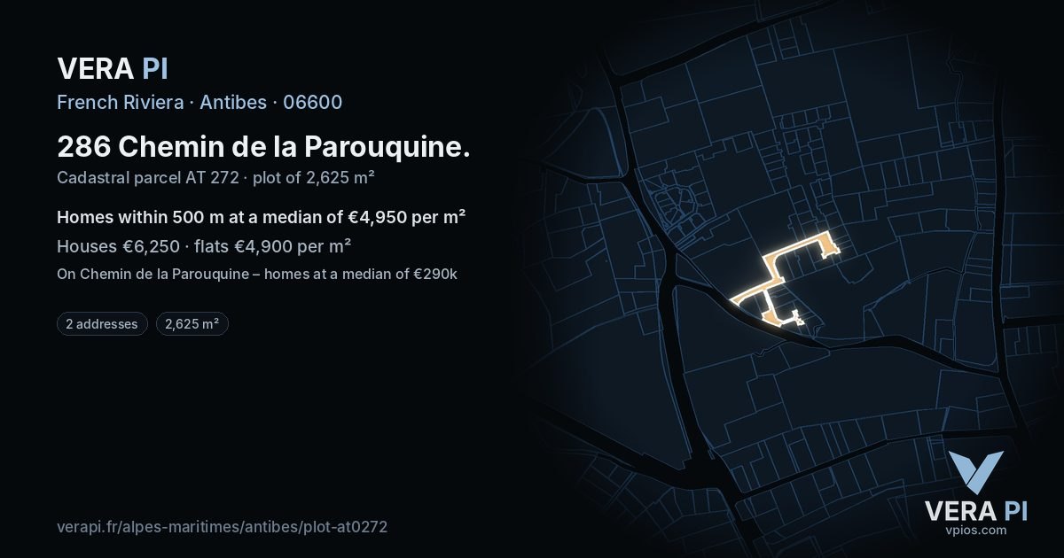 286 Chemin de la Parouquine, Antibes at night – the plot lit, the parcels around coloured by the prices near them