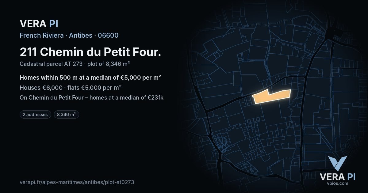 211 Chemin du Petit Four, Antibes at night – the plot lit, the parcels around coloured by the prices near them