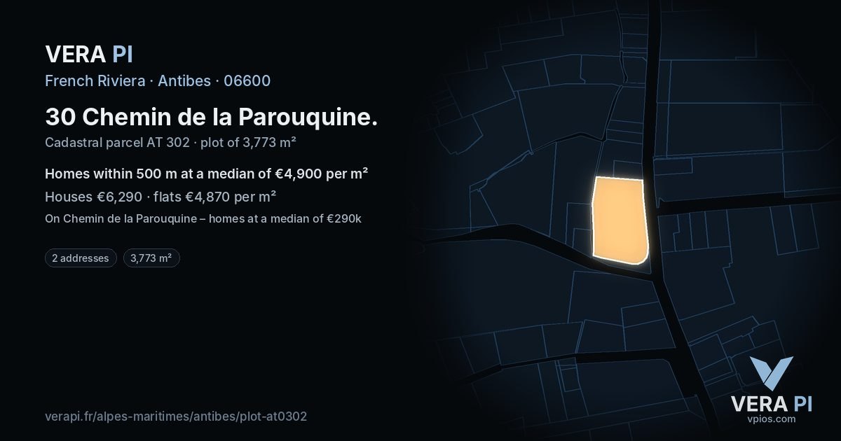 30 Chemin de la Parouquine, Antibes at night – the plot lit, the parcels around coloured by the prices near them