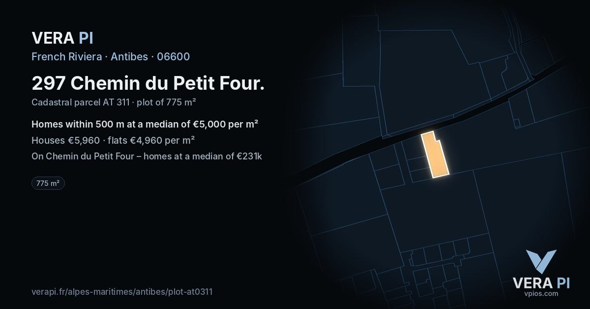 297 Chemin du Petit Four, Antibes at night – the plot lit, the parcels around coloured by the prices near them