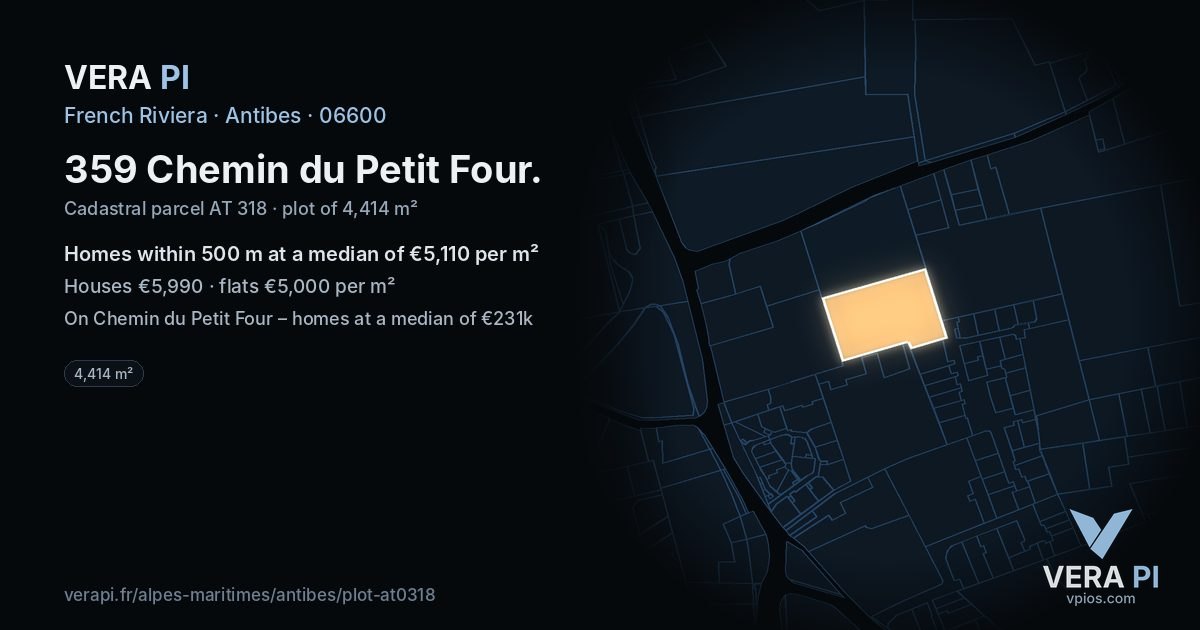 359 Chemin du Petit Four, Antibes at night – the plot lit, the parcels around coloured by the prices near them