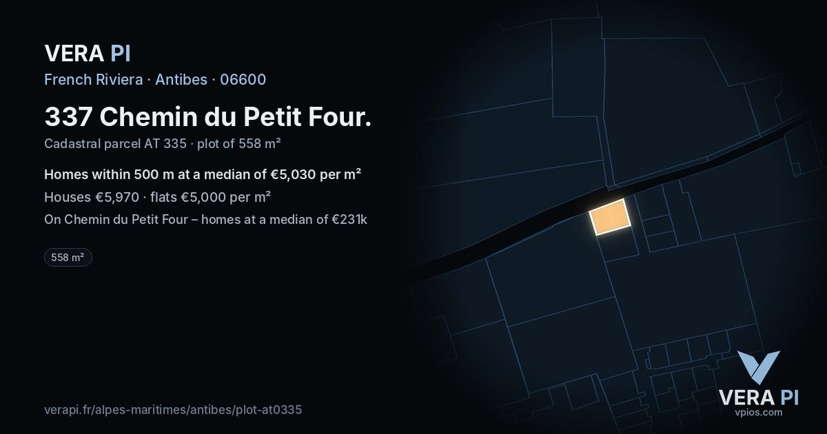 337 Chemin du Petit Four, Antibes at night – the plot lit, the parcels around coloured by the prices near them