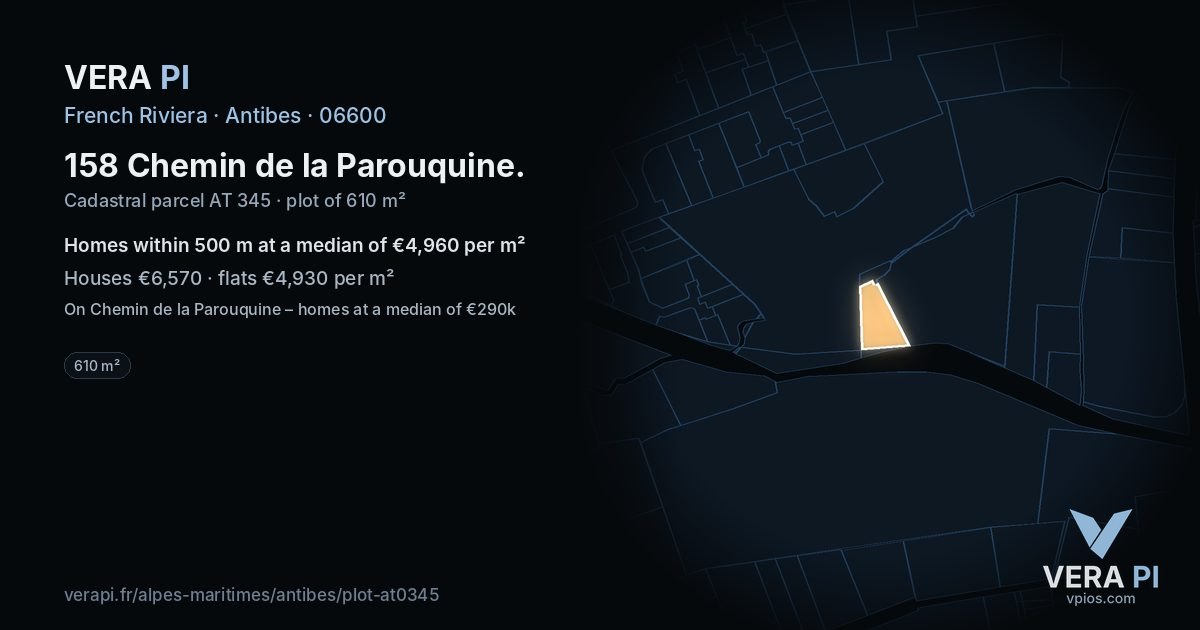 158 Chemin de la Parouquine, Antibes at night – the plot lit, the parcels around coloured by the prices near them