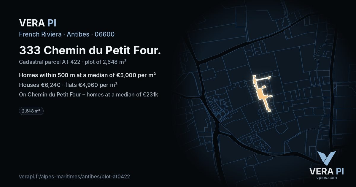 333 Chemin du Petit Four, Antibes at night – the plot lit, the parcels around coloured by the prices near them