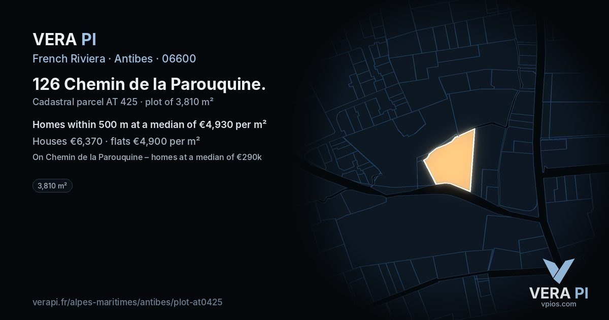 126 Chemin de la Parouquine, Antibes at night – the plot lit, the parcels around coloured by the prices near them