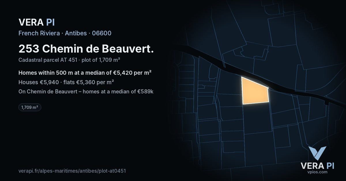 253 Chemin de Beauvert, Antibes at night – the plot lit, the parcels around coloured by the prices near them