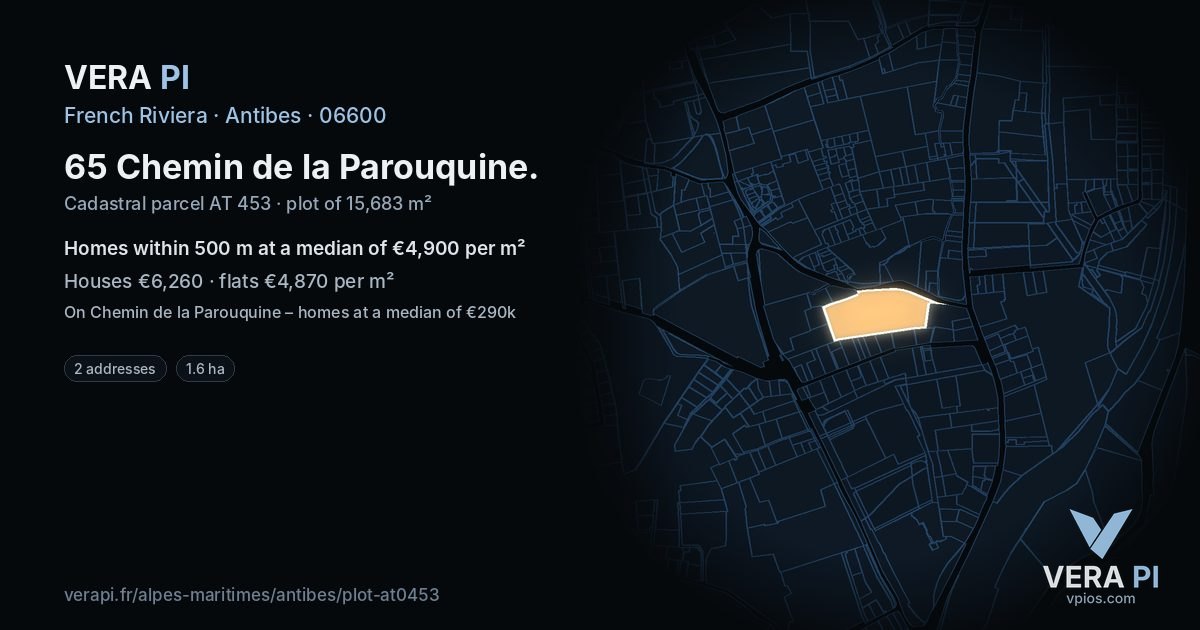 65 Chemin de la Parouquine, Antibes at night – the plot lit, the parcels around coloured by the prices near them
