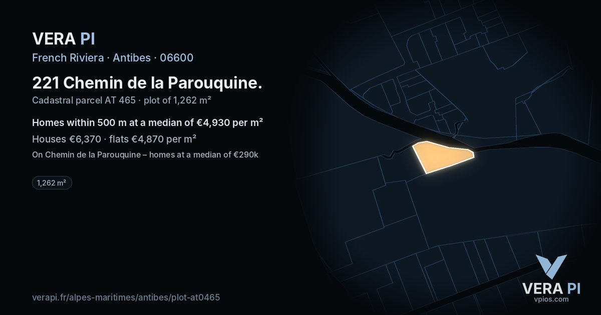 221 Chemin de la Parouquine, Antibes at night – the plot lit, the parcels around coloured by the prices near them
