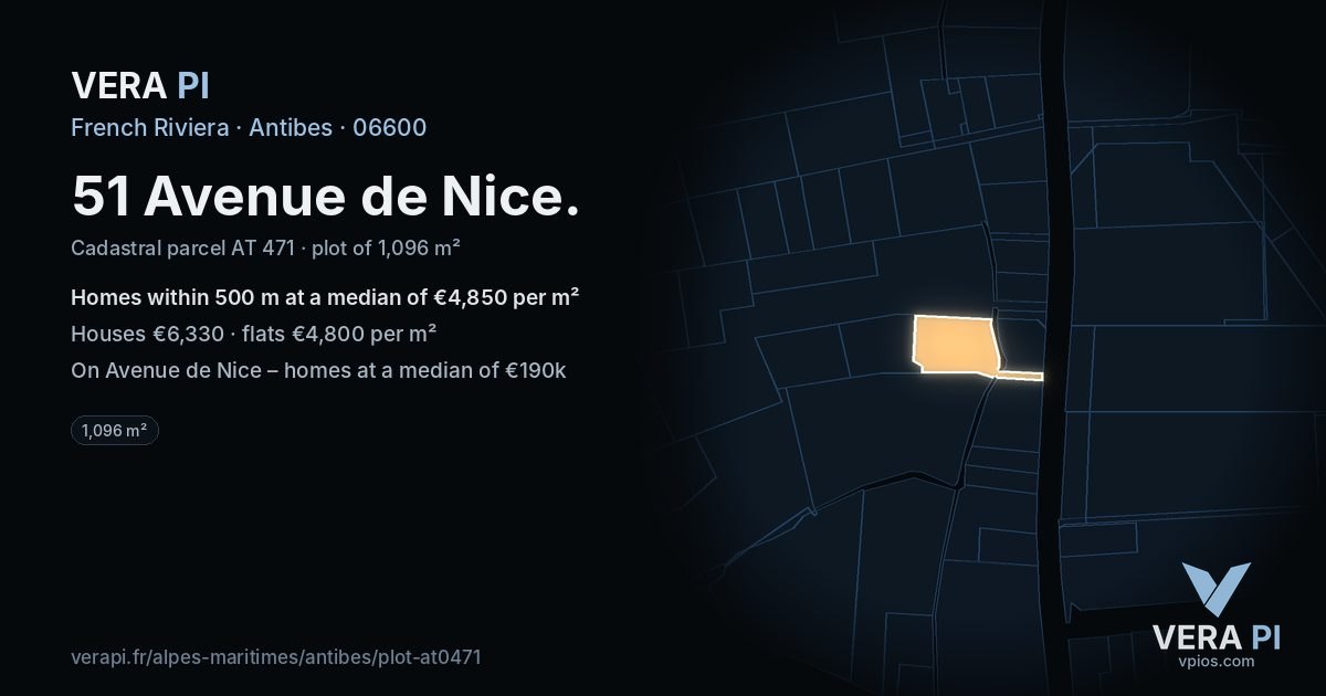51 Avenue de Nice, Antibes at night – the plot lit, the parcels around coloured by the prices near them