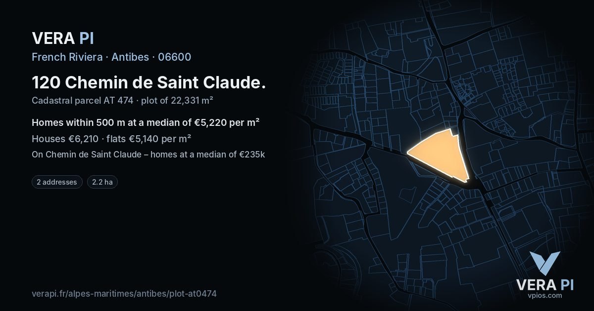 120 Chemin de Saint Claude, Antibes at night – the plot lit, the parcels around coloured by the prices near them