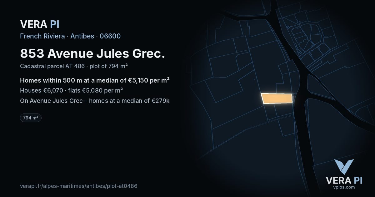 853 Avenue Jules Grec, Antibes at night – the plot lit, the parcels around coloured by the prices near them