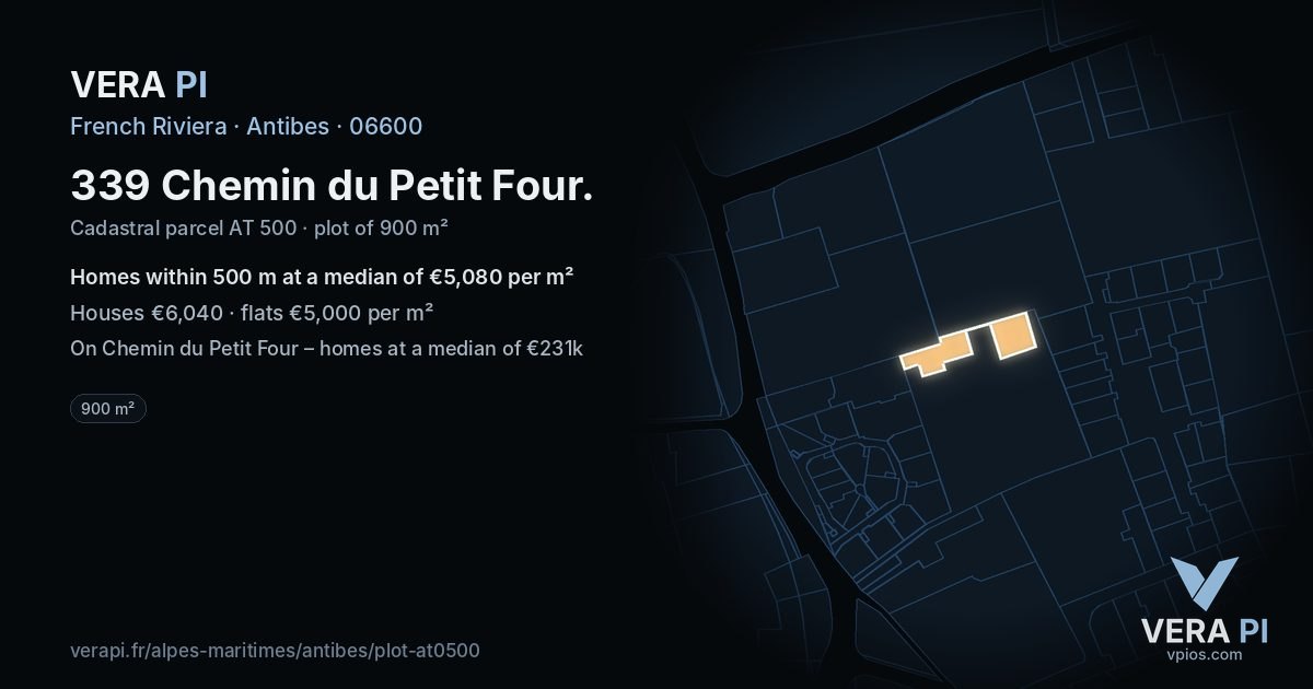 339 Chemin du Petit Four, Antibes at night – the plot lit, the parcels around coloured by the prices near them