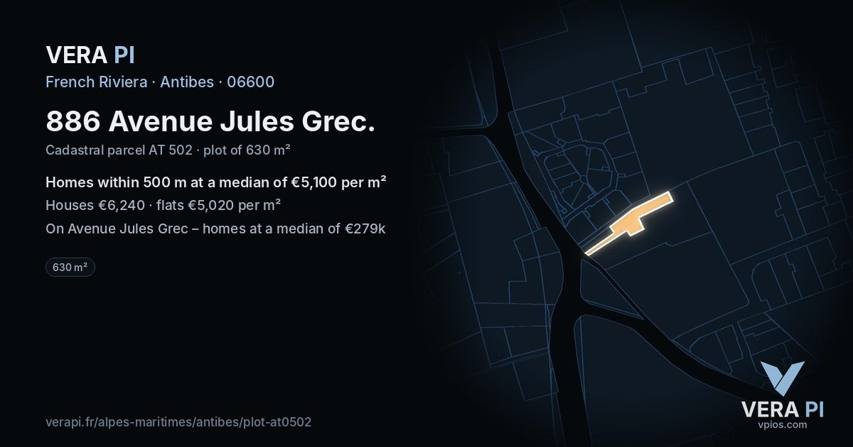 886 Avenue Jules Grec, Antibes at night – the plot lit, the parcels around coloured by the prices near them
