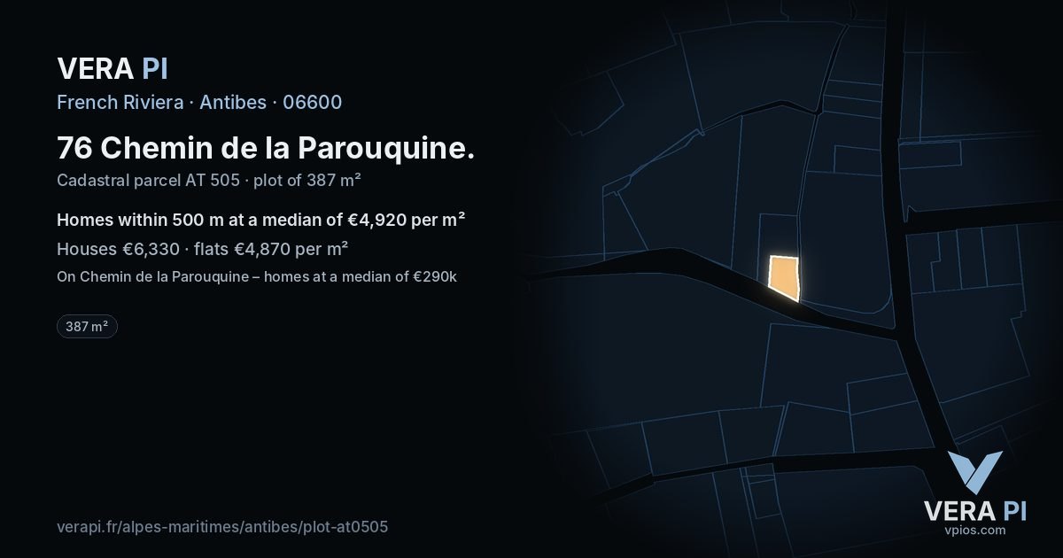 76 Chemin de la Parouquine, Antibes at night – the plot lit, the parcels around coloured by the prices near them
