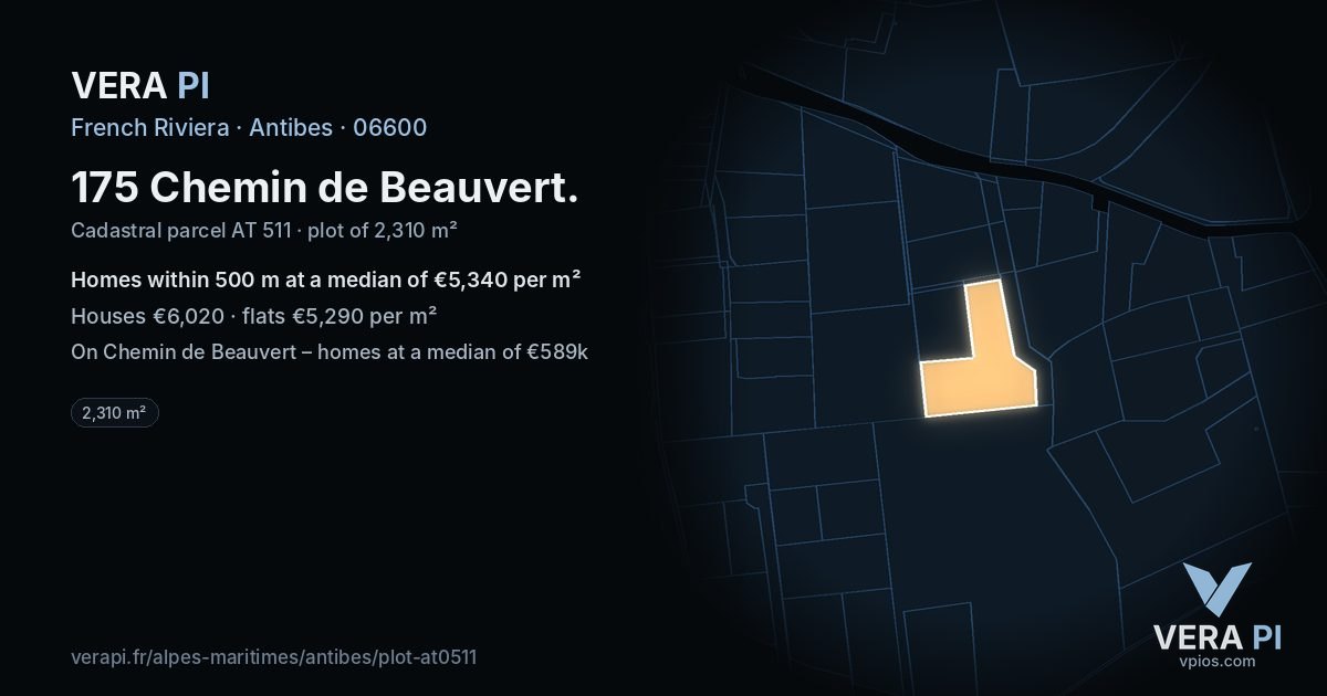 175 Chemin de Beauvert, Antibes at night – the plot lit, the parcels around coloured by the prices near them