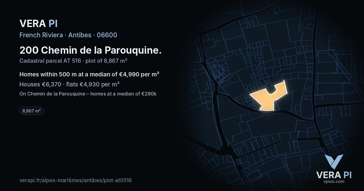 200 Chemin de la Parouquine, Antibes at night – the plot lit, the parcels around coloured by the prices near them