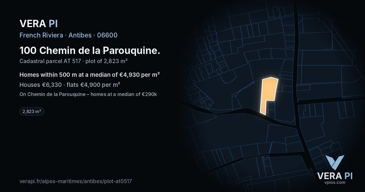 100 Chemin de la Parouquine, Antibes at night – the plot lit, the parcels around coloured by the prices near them