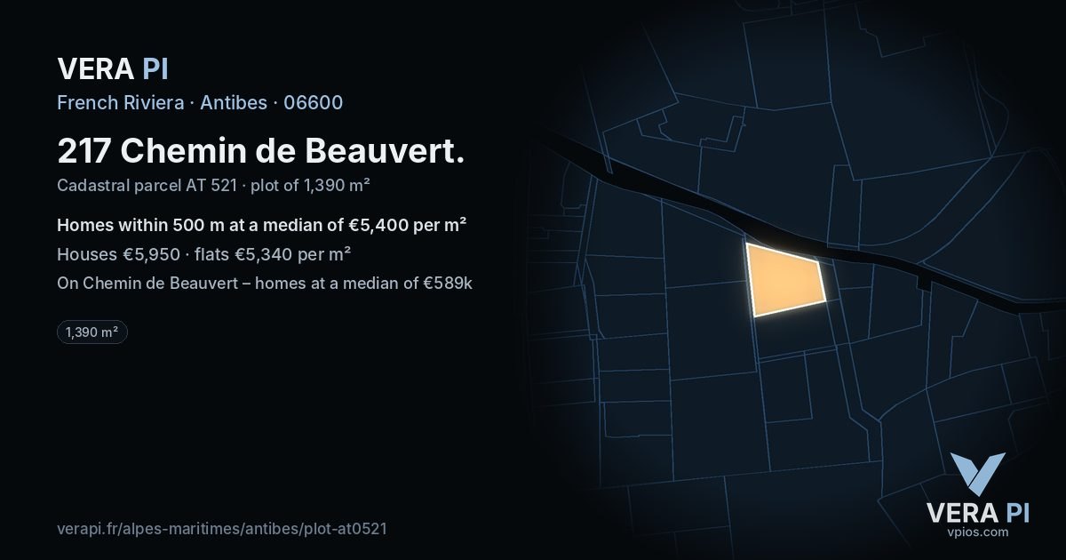217 Chemin de Beauvert, Antibes at night – the plot lit, the parcels around coloured by the prices near them