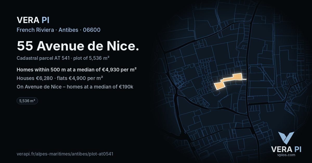 55 Avenue de Nice, Antibes at night – the plot lit, the parcels around coloured by the prices near them