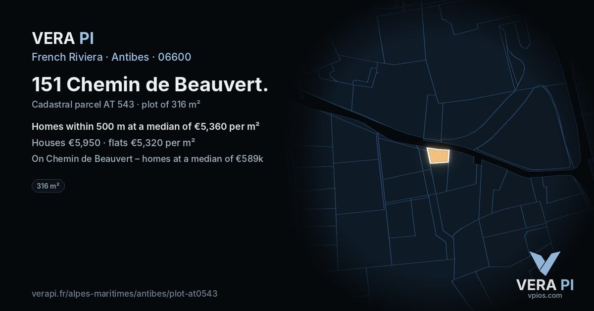 151 Chemin de Beauvert, Antibes at night – the plot lit, the parcels around coloured by the prices near them