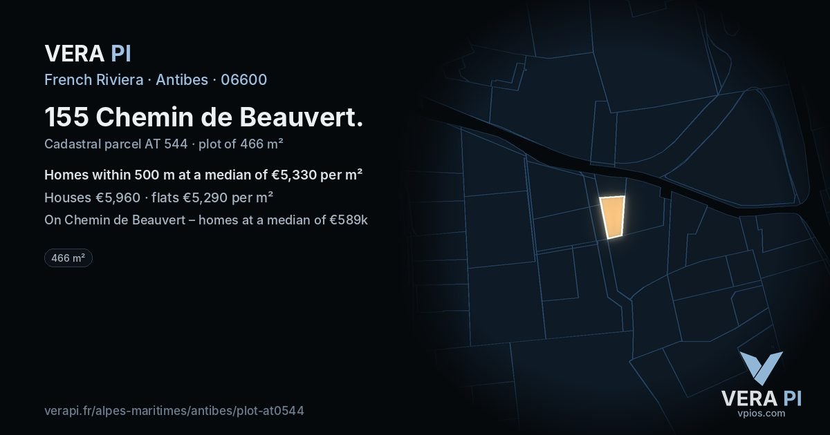 155 Chemin de Beauvert, Antibes at night – the plot lit, the parcels around coloured by the prices near them