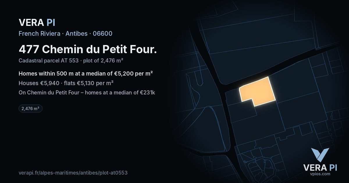 477 Chemin du Petit Four, Antibes at night – the plot lit, the parcels around coloured by the prices near them