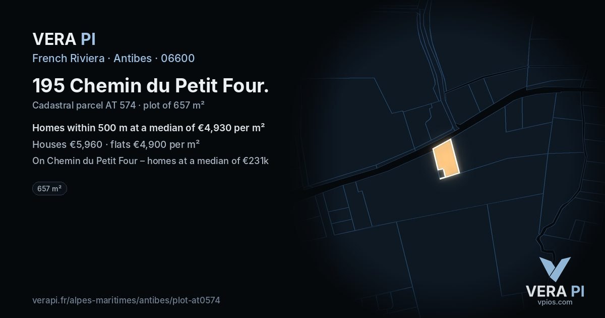 195 Chemin du Petit Four, Antibes at night – the plot lit, the parcels around coloured by the prices near them