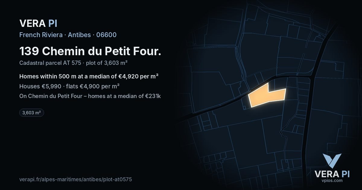 139 Chemin du Petit Four, Antibes at night – the plot lit, the parcels around coloured by the prices near them