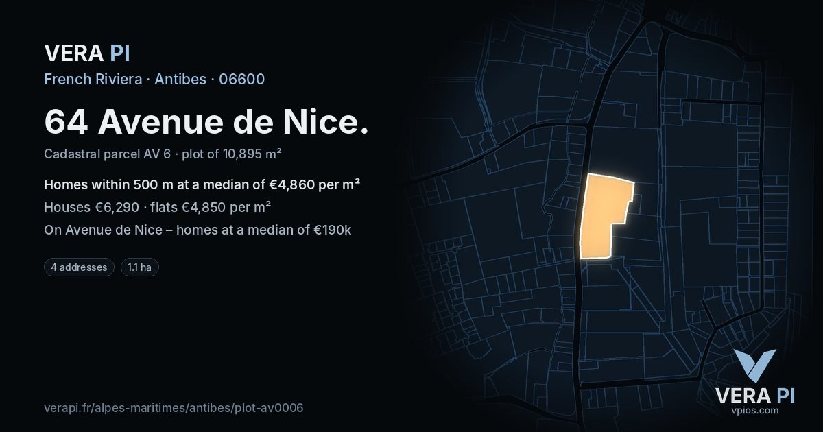 64 Avenue de Nice, Antibes at night – the plot lit, the parcels around coloured by the prices near them