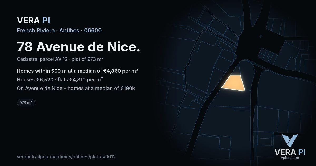 78 Avenue de Nice, Antibes at night – the plot lit, the parcels around coloured by the prices near them