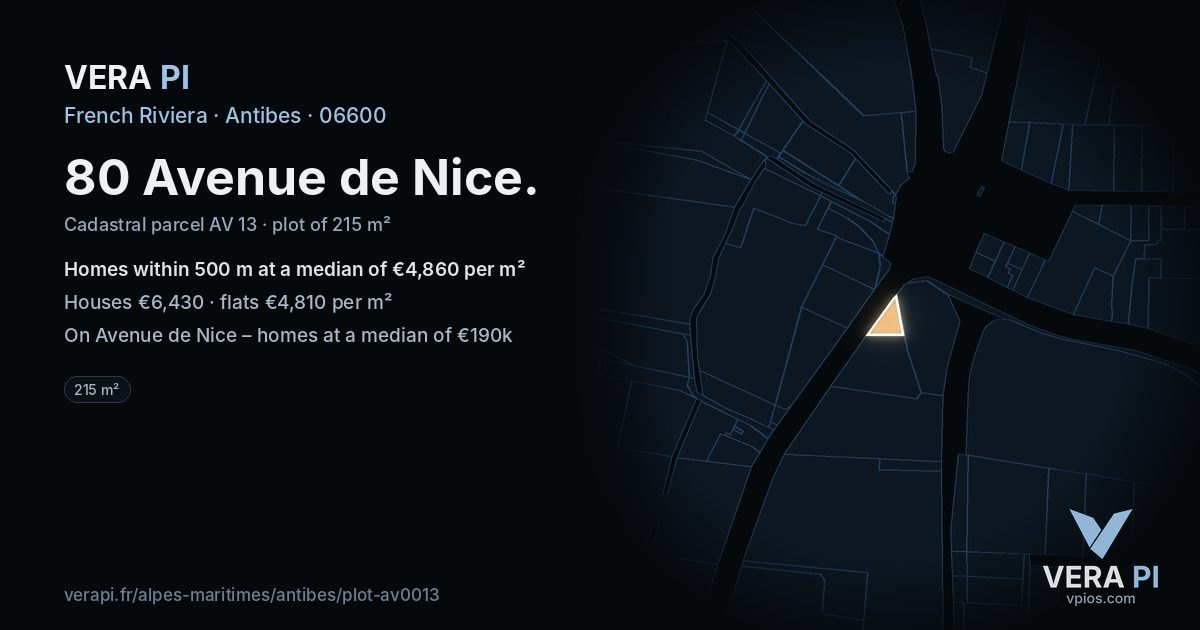 80 Avenue de Nice, Antibes at night – the plot lit, the parcels around coloured by the prices near them
