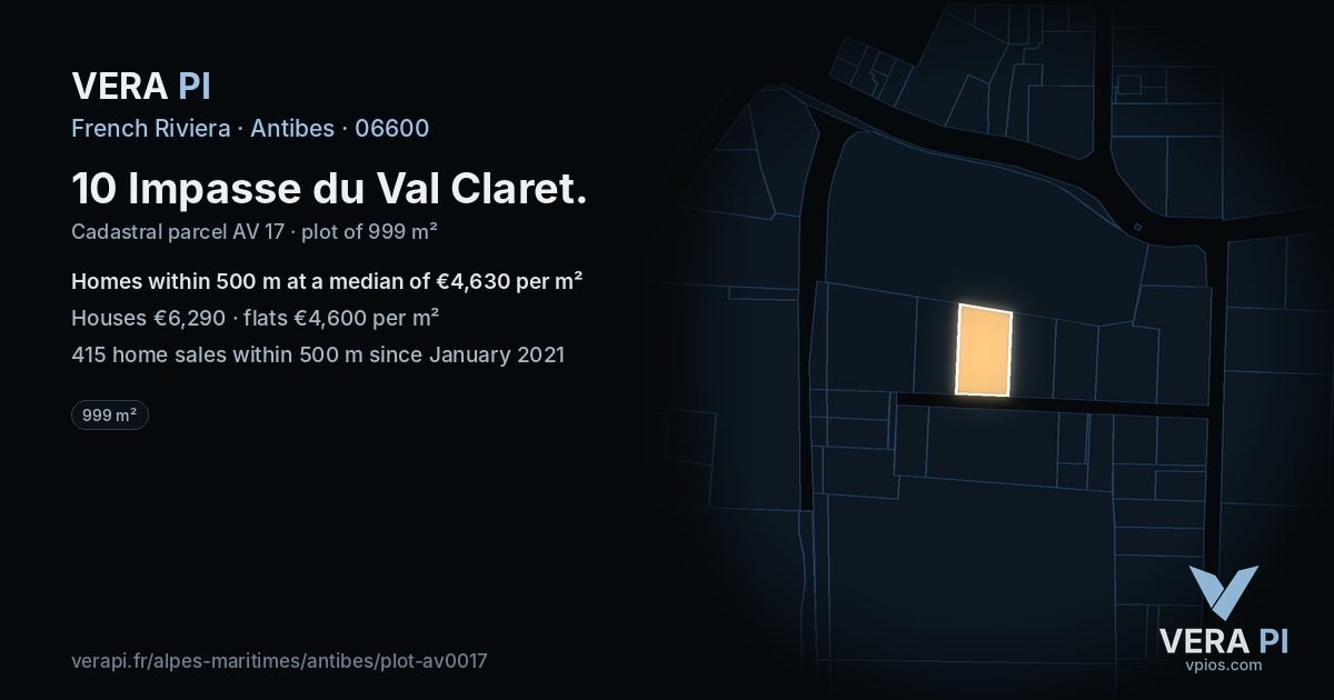 10 Impasse du Val Claret, Antibes at night – the plot lit, the parcels around coloured by the prices near them