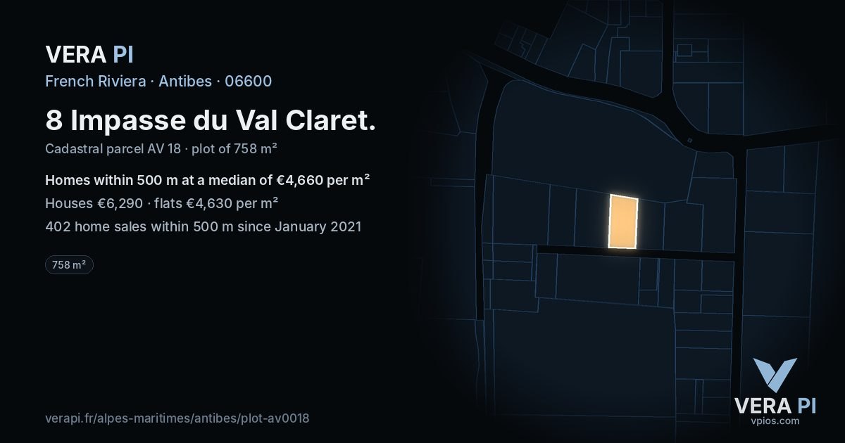 8 Impasse du Val Claret, Antibes at night – the plot lit, the parcels around coloured by the prices near them
