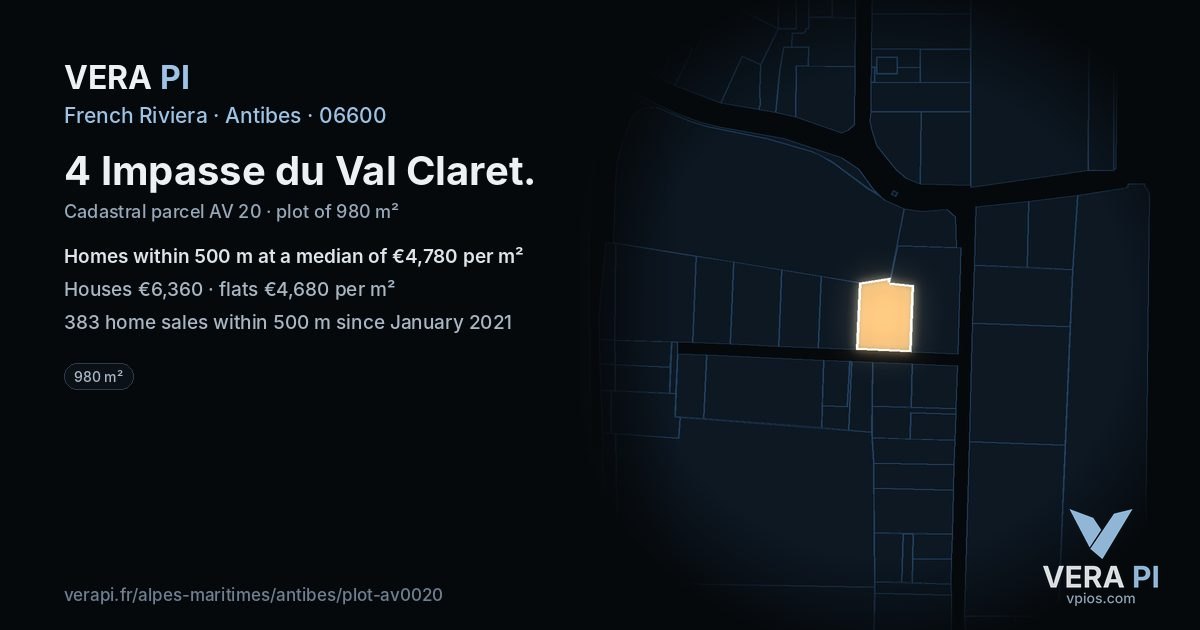 4 Impasse du Val Claret, Antibes at night – the plot lit, the parcels around coloured by the prices near them