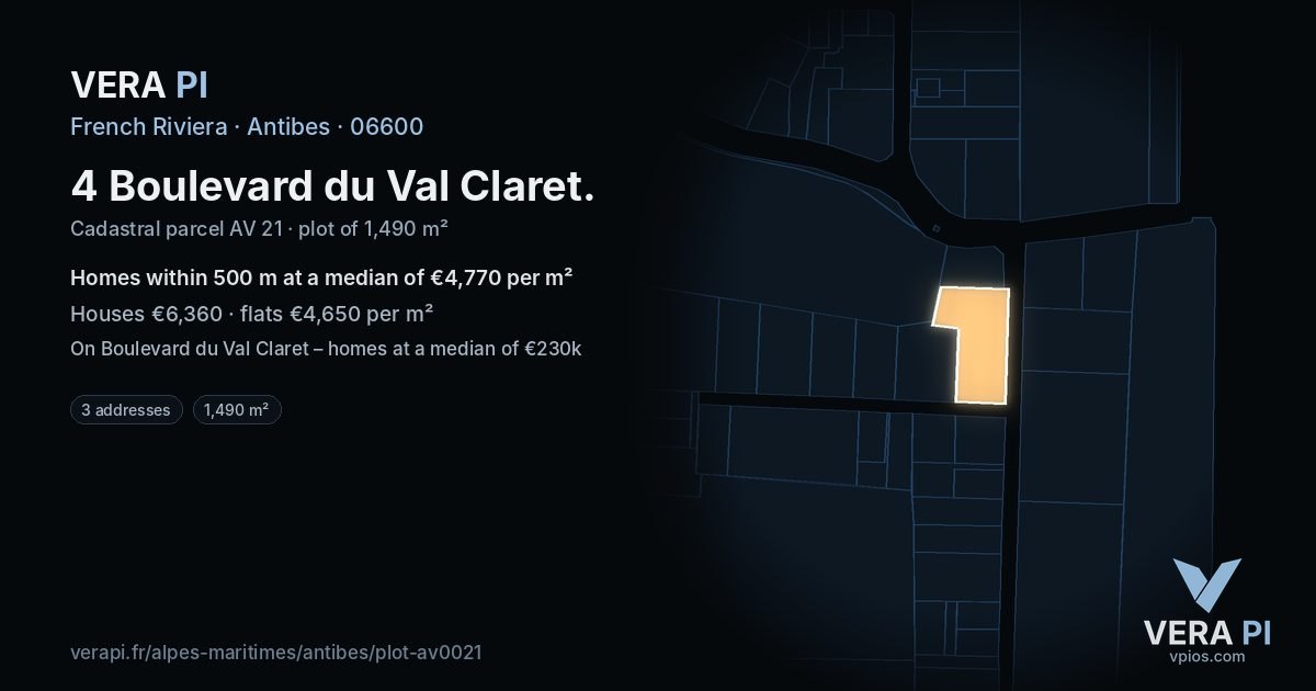 4 Boulevard du Val Claret, Antibes at night – the plot lit, the parcels around coloured by the prices near them