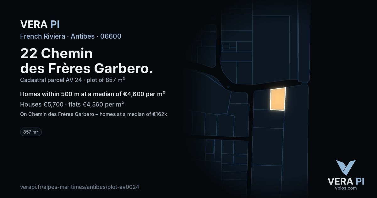 22 Chemin des Frères Garbero, Antibes at night – the plot lit, the parcels around coloured by the prices near them