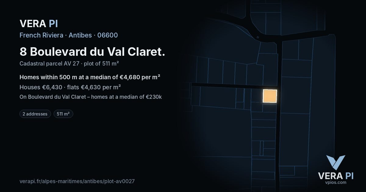 8 Boulevard du Val Claret, Antibes at night – the plot lit, the parcels around coloured by the prices near them