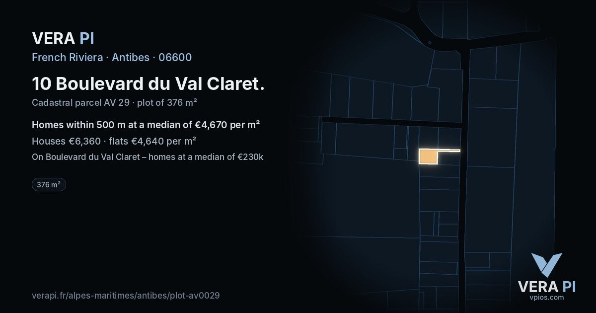 10 Boulevard du Val Claret, Antibes at night – the plot lit, the parcels around coloured by the prices near them