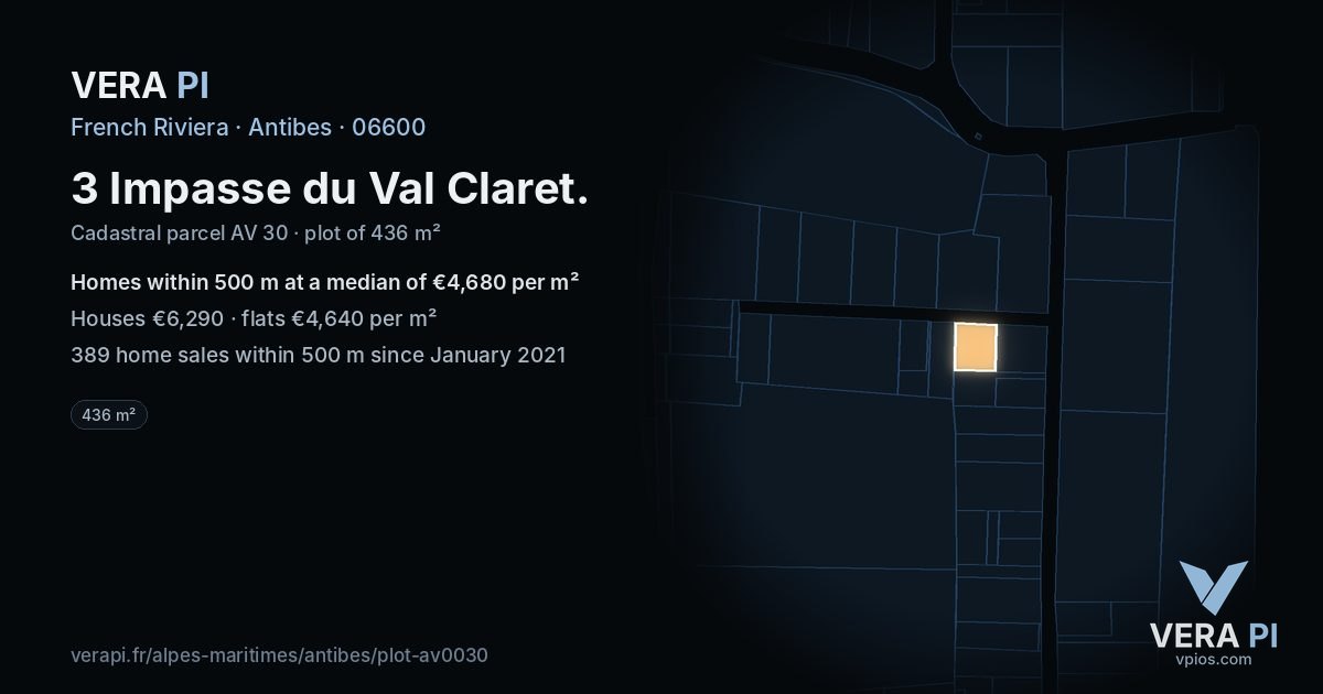 3 Impasse du Val Claret, Antibes at night – the plot lit, the parcels around coloured by the prices near them