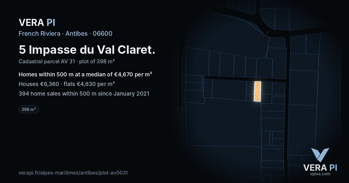5 Impasse du Val Claret, Antibes at night – the plot lit, the parcels around coloured by the prices near them