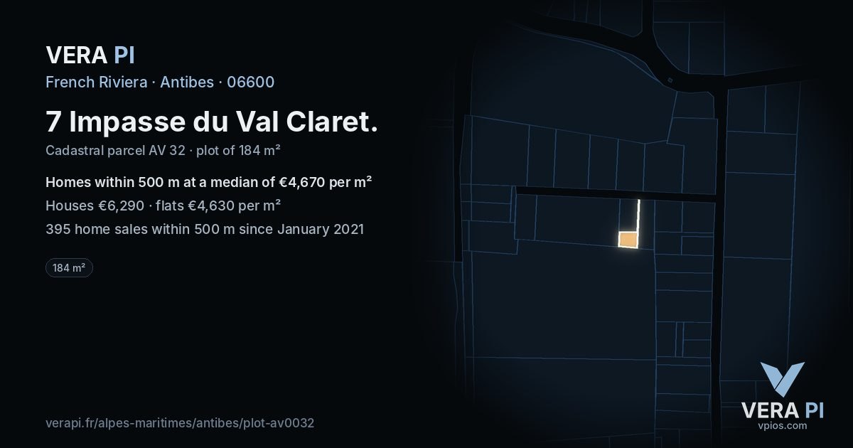 7 Impasse du Val Claret, Antibes at night – the plot lit, the parcels around coloured by the prices near them