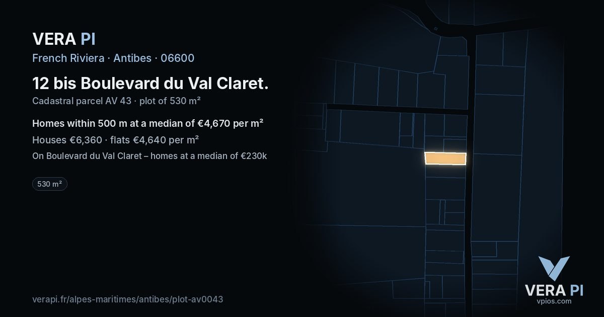 12 bis Boulevard du Val Claret, Antibes at night – the plot lit, the parcels around coloured by the prices near them